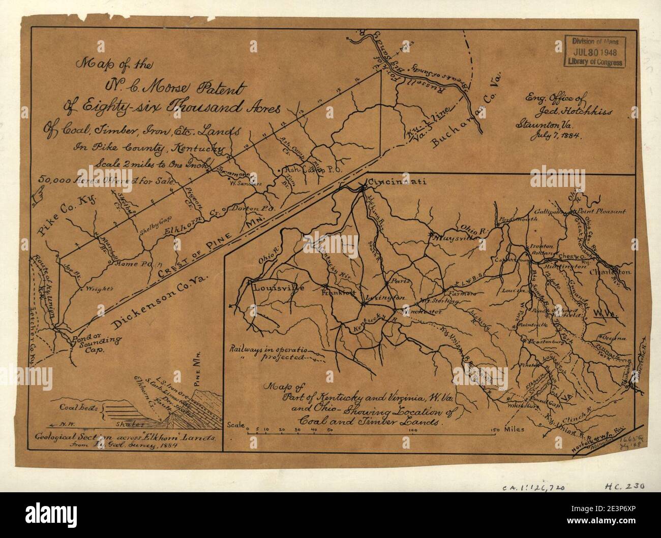 Mappa del N.C. Morse brevetto di ottantasemila acri di carbone, legname, ferro, ecc. terre in Pike County, Kentucky; mappa di parte del Kentucky e Virginia, W. Va., e Ohio che mostra la posizione di carbone Foto Stock