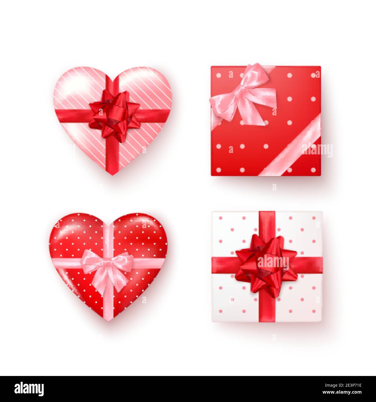 Set di confezioni regalo con archi in seta in stile realistico vista dall'alto. Caselle quadrate e a forma di cuore. Vettore isolato su bianco Illustrazione Vettoriale