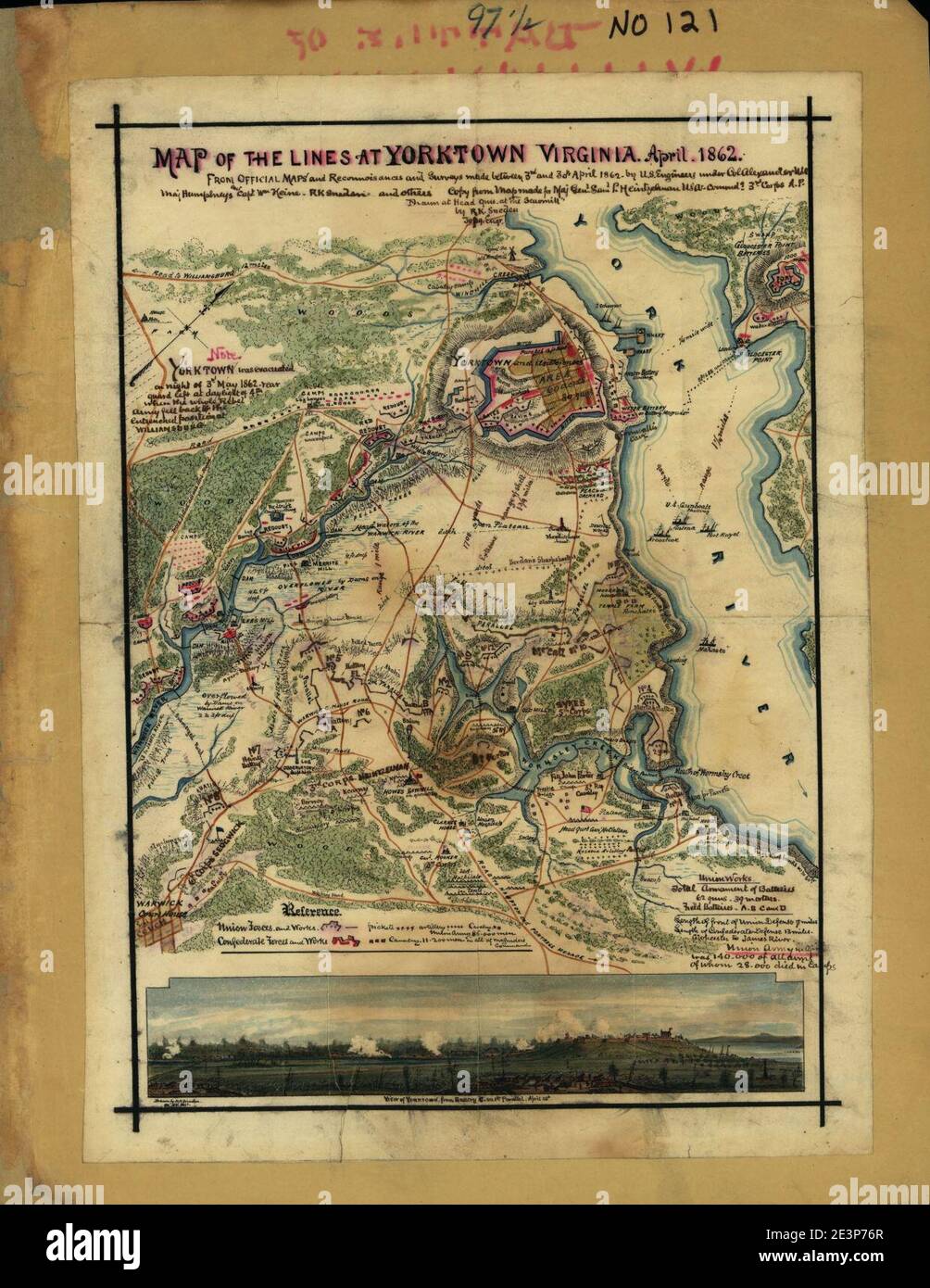 Mappa delle linee di Yorktown, Virginia, aprile 1862. Foto Stock