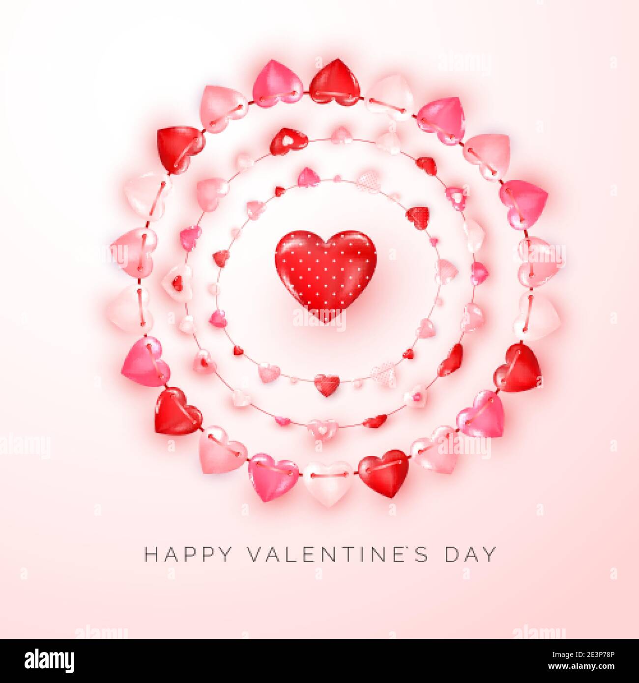 Biglietto d'auguri di San Valentino con testo e decorazione garland di cuori su sfondo rosa. Vettore Illustrazione Vettoriale