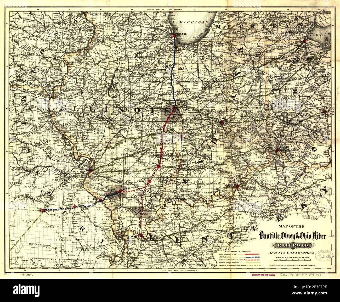 Mappa della ferrovia del fiume Danville, Olney & Ohio e dei suoi collegamenti. Foto Stock