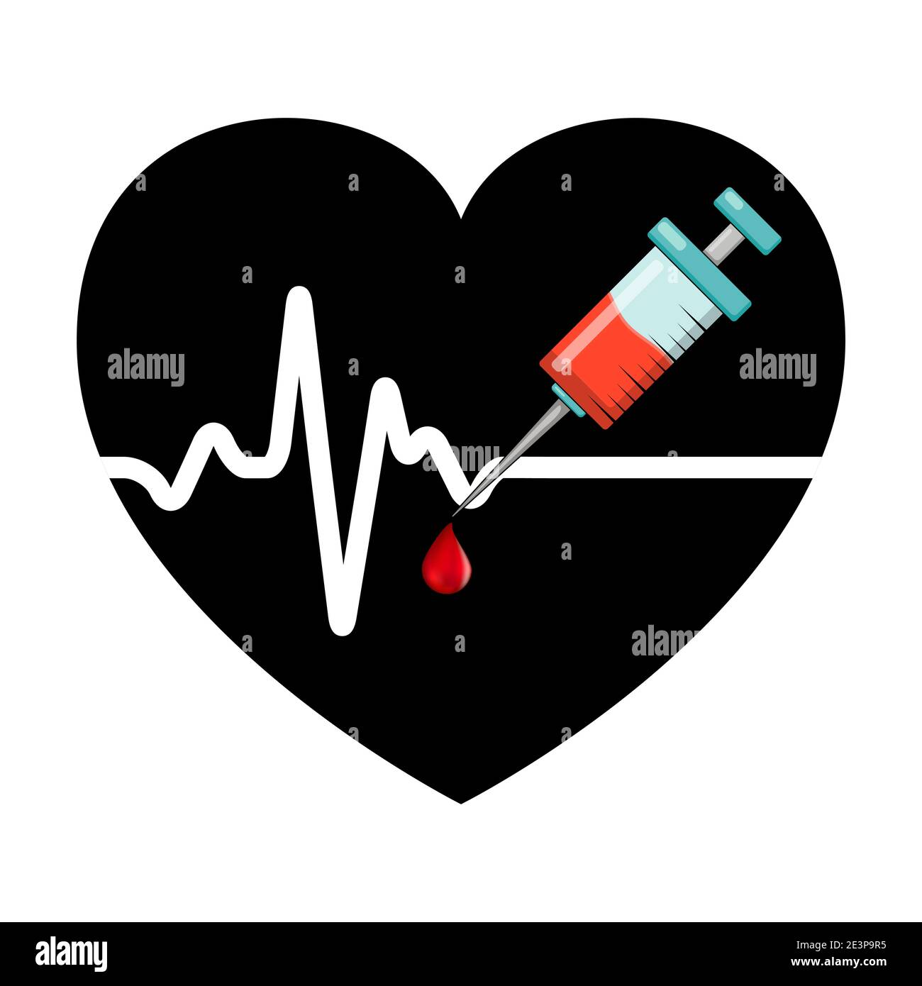 Battito cardiaco e vaccino con goccia di sangue forma del cuore nero con siringa in esso. Icona vettoriale isolata su sfondo bianco. Concetto di vaccinazione o sangue Illustrazione Vettoriale