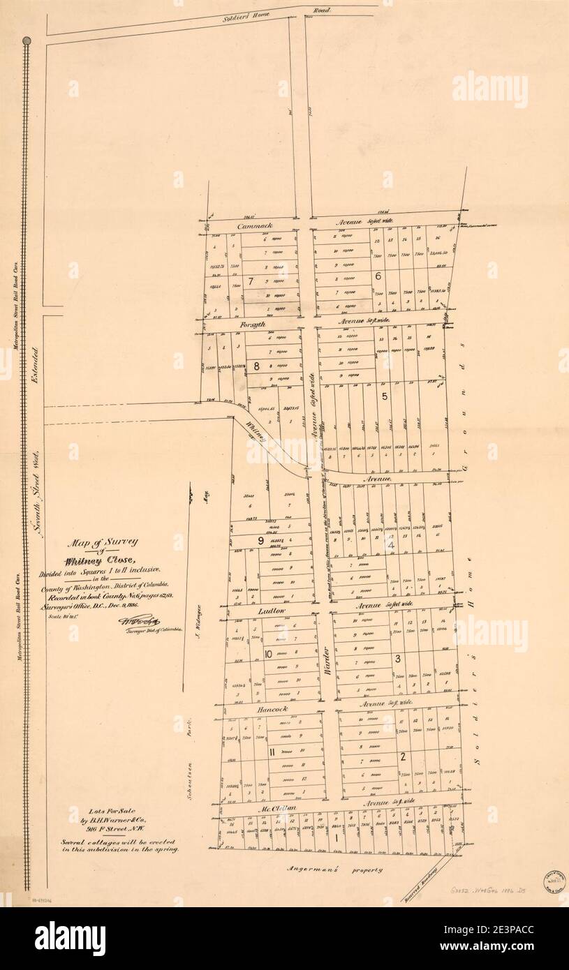 Mappa di rilievo di Whitney Close, diviso in quadrati da 1 a 11 inclusi, nella contea di Washington, Distretto di Columbia - registrato nel libro ''County no. 6,'' pagg. 62, 63, Surveyor's Office D.C., Dec. Foto Stock