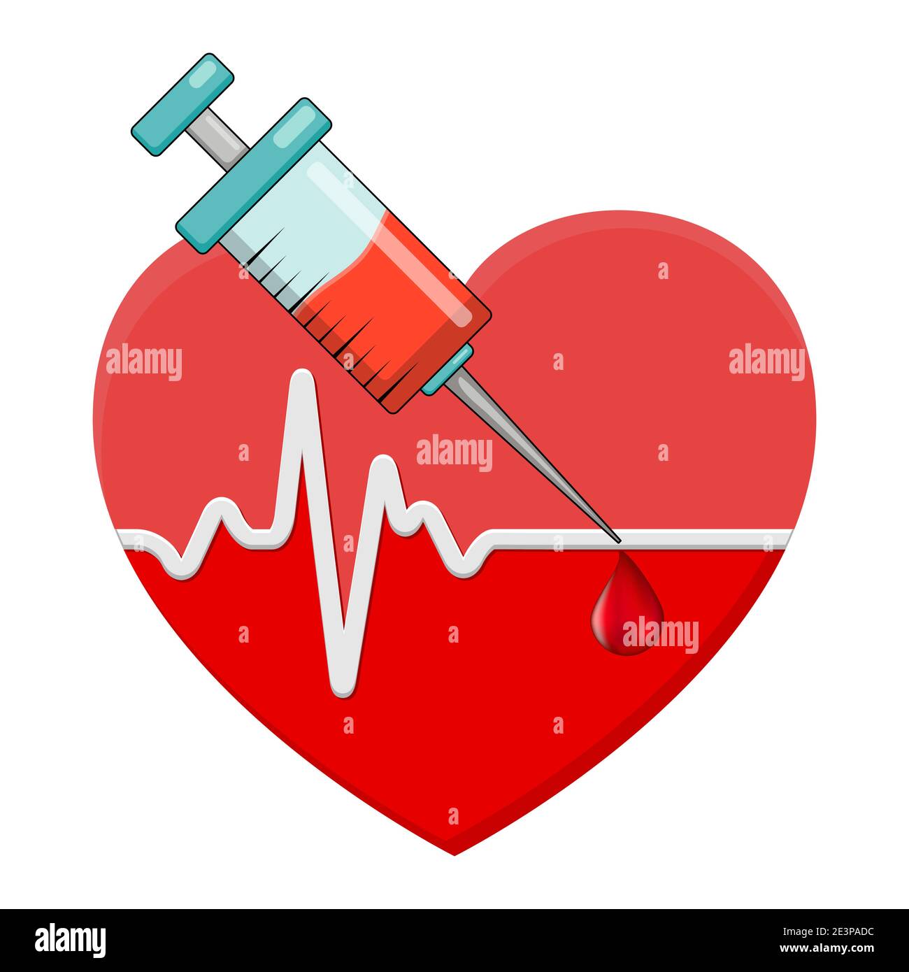 Battito cardiaco e siringa con goccia di sangue. Forma del cuore rosso con il vaccino in esso. Icona vettoriale isolata su sfondo bianco. Illustrazione Vettoriale