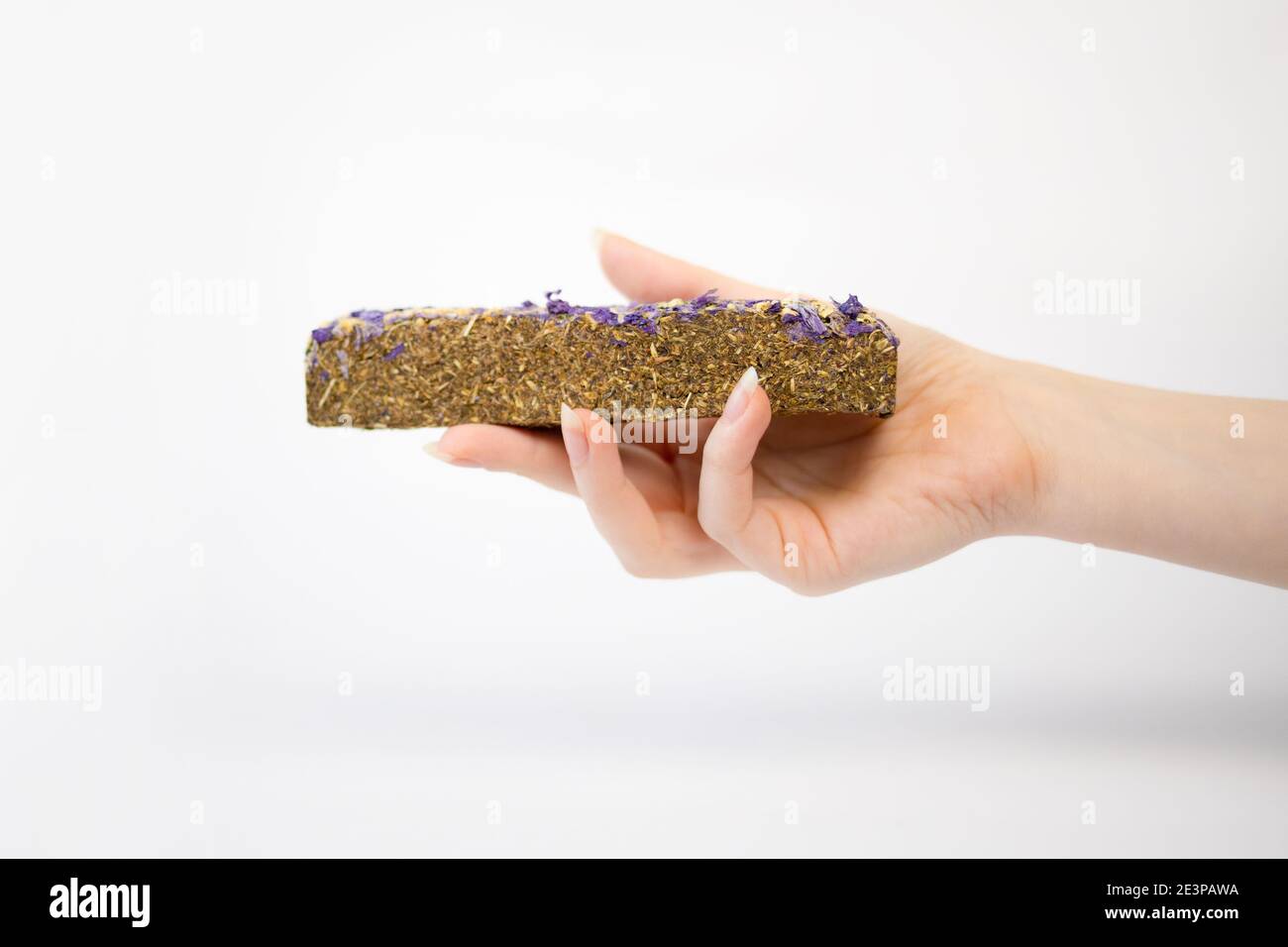 La mano di una femmina contiene un pellet asciutto per l'alimentazione degli animali domestici. Sfondo bianco. Primo piano. Spazio di copia. Il concetto di una dieta equilibrata per gli animali domestici. Foto Stock