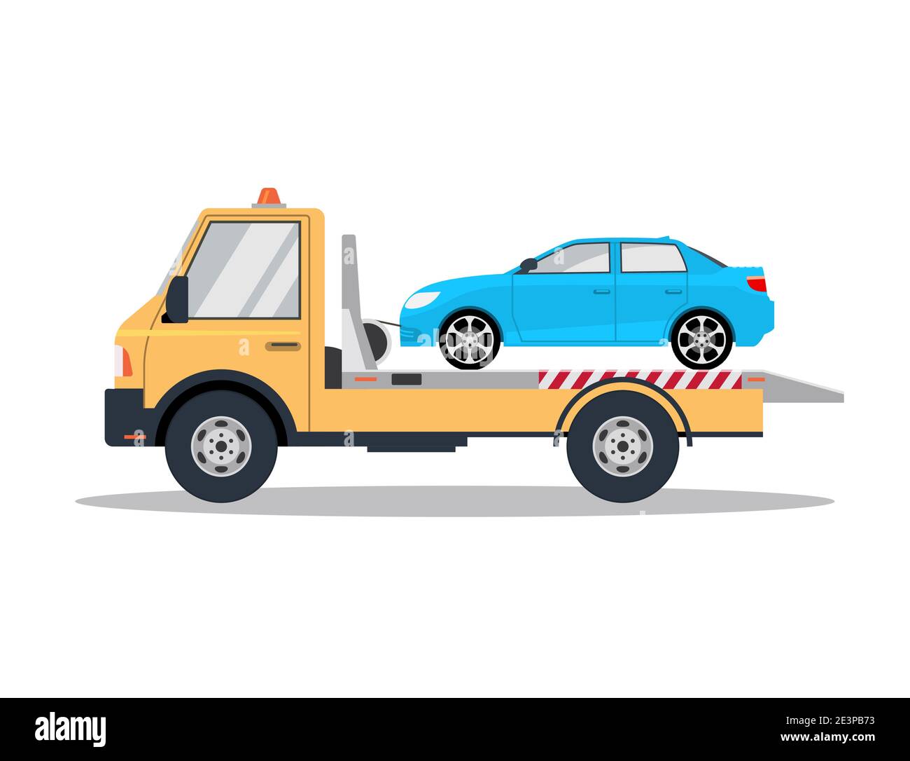 Assistenza stradale per incidenti con il carrello di traino. Guasto in caso di incidente del carro attrezzi blu per il recupero di auto con pianale Illustrazione Vettoriale