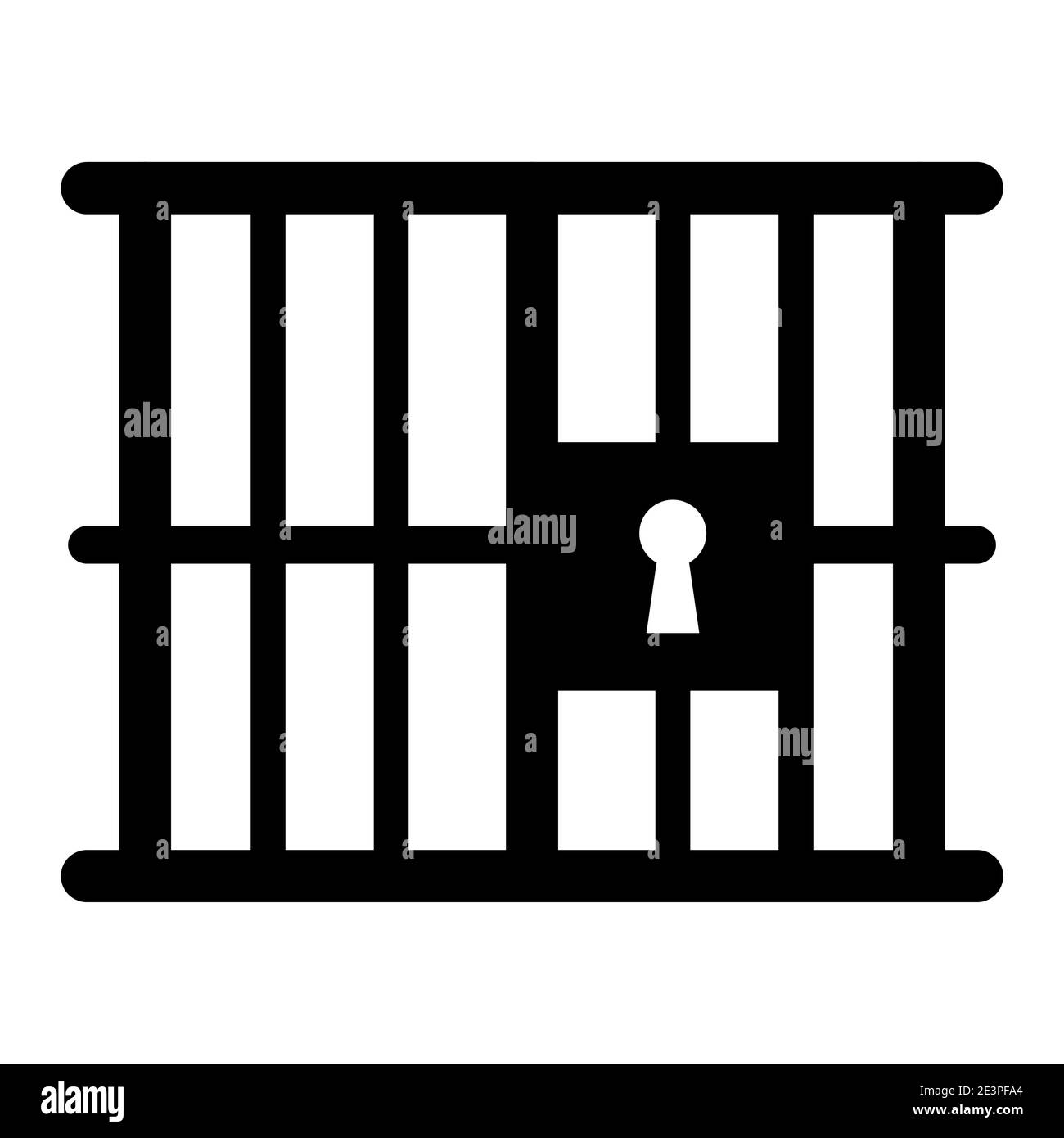Simbolo della silhouette della prigione o della prigione. Gabbia metallica con barre e serratura. Icona della giustizia o della punizione criminale. Forma nera vettoriale isolata su sfondo bianco. Illustrazione Vettoriale
