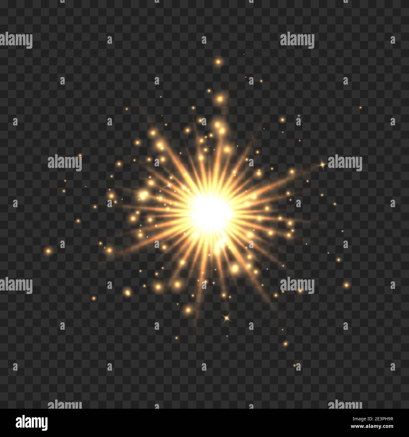 Stella scoppiata con scintille. Effetto luce dorata effetto flare con stelle, scintille e glitter isolati su sfondo trasparente. Illustrazione vettoriale di lucido Illustrazione Vettoriale