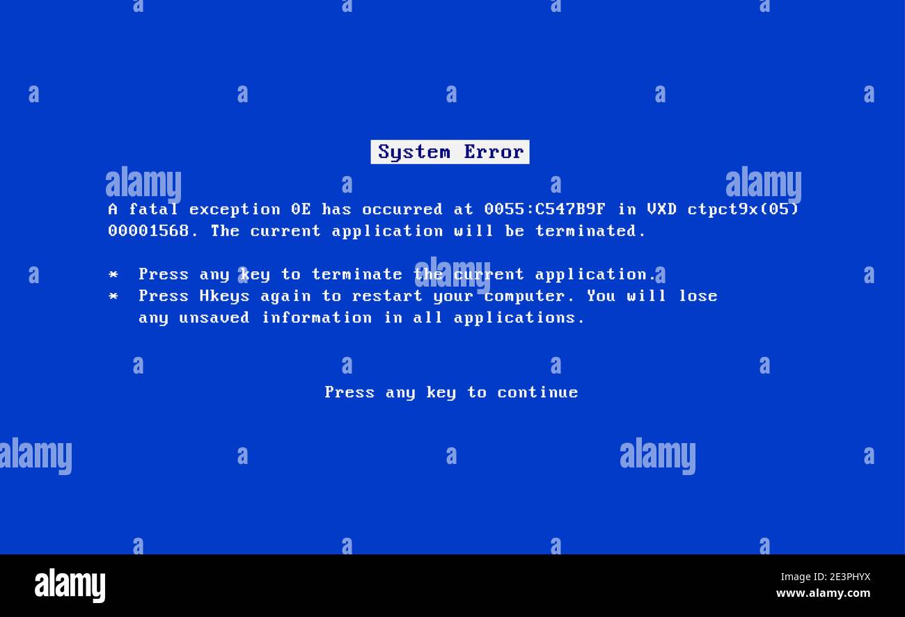 Schermata BSOD vecchia 98 errore crash software. Schermata blu sistema di morte bug pc, schermata bmod Illustrazione Vettoriale