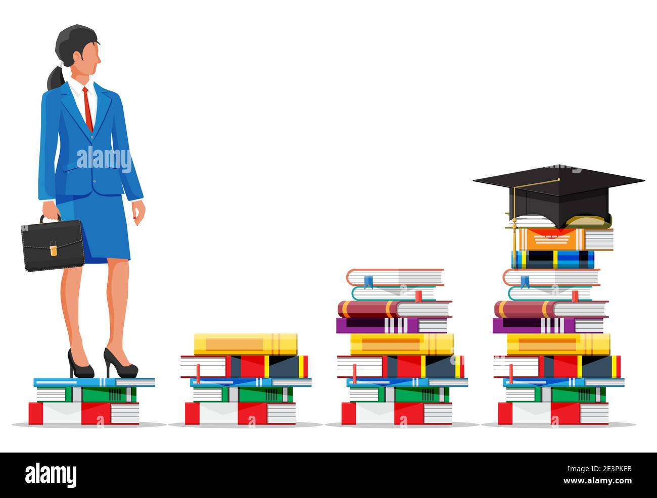 Donna d'affari su pila di libri. Donna d'affari con valigetta. Istruzione e studio. Successo aziendale, trionfo, obiettivo o successo. Vincita della concorrenza. Illustrazione vettoriale stile piatto Illustrazione Vettoriale