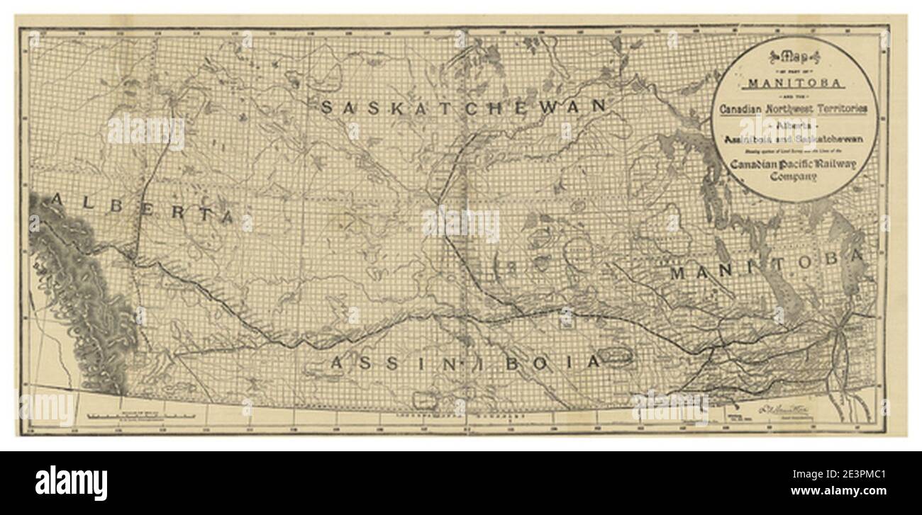 Mappa di parte di Manitoba e dei territori canadesi del Nord-Ovest - Alberta, Assiniboia e Saskatchewan sistema di rilevamento del territorio e le linee della Canadian Pacific Railway CTASC. Foto Stock