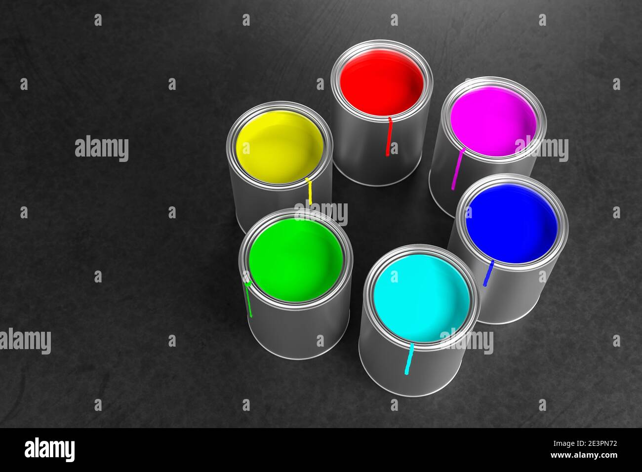 Pentole di vernice che costruiscono una ruota dei colori con i colori primari RGB del modello di colori additivi (rosso, verde, blu) utilizzato per i monitor e il colore di processo CMY Foto Stock