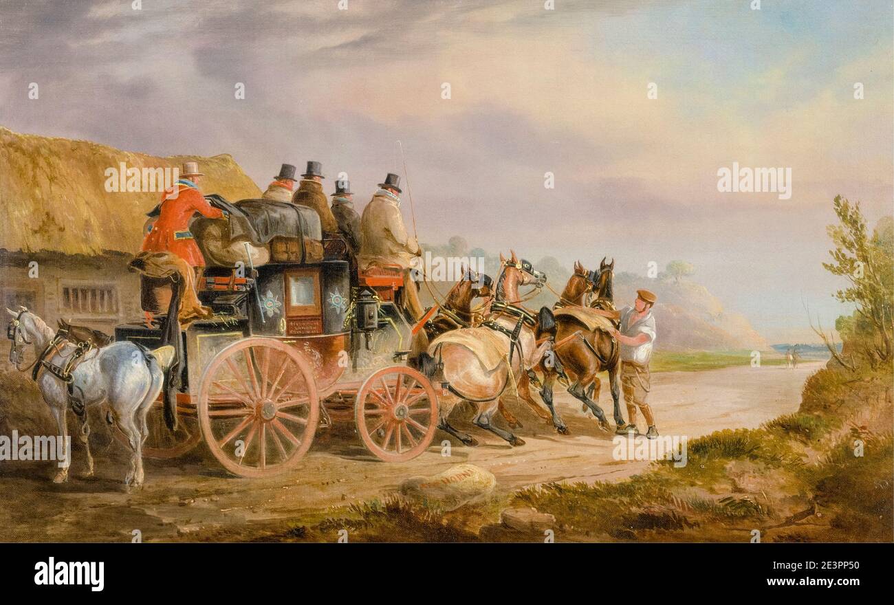 Mail Coaches on the Road:, la 'Quicksilver' Devonport-London Royal Mail sta per iniziare con una nuova squadra (il Devonshire a London Coach), dipinto da Charles Cooper Henderson, 1820-1830 Foto Stock