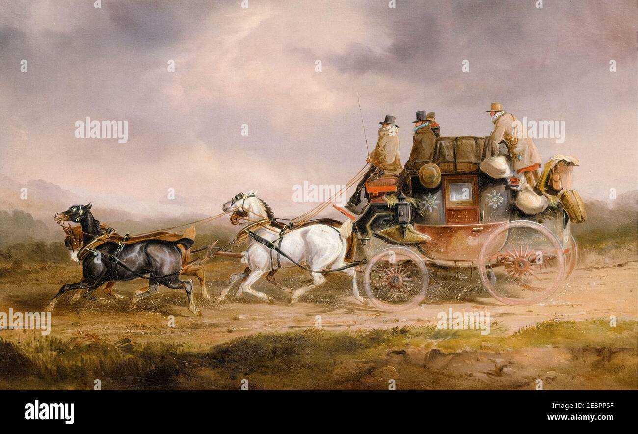 Mail Coaches on the Road: La Royal Mail di Louth-London progredisce velocemente, dipinto di Charles Cooper Henderson, 1820-1830 Foto Stock