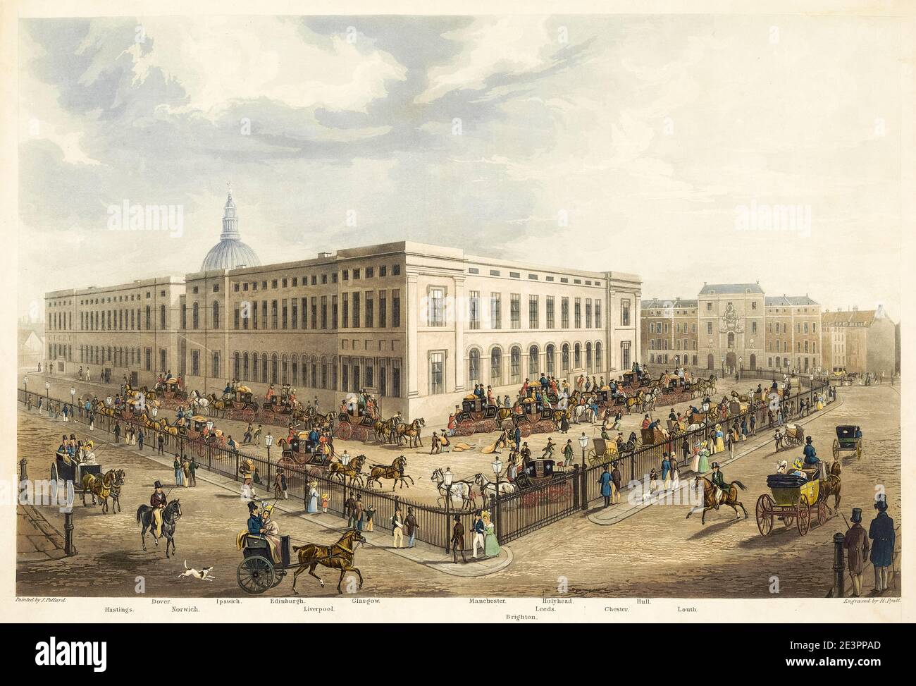A North East View of the General Post Office with the Royal Mail coaches (and carts) preparandosi a iniziare, acquatint stampa di Henry Pyall, dopo James Pollard, 1832 Foto Stock