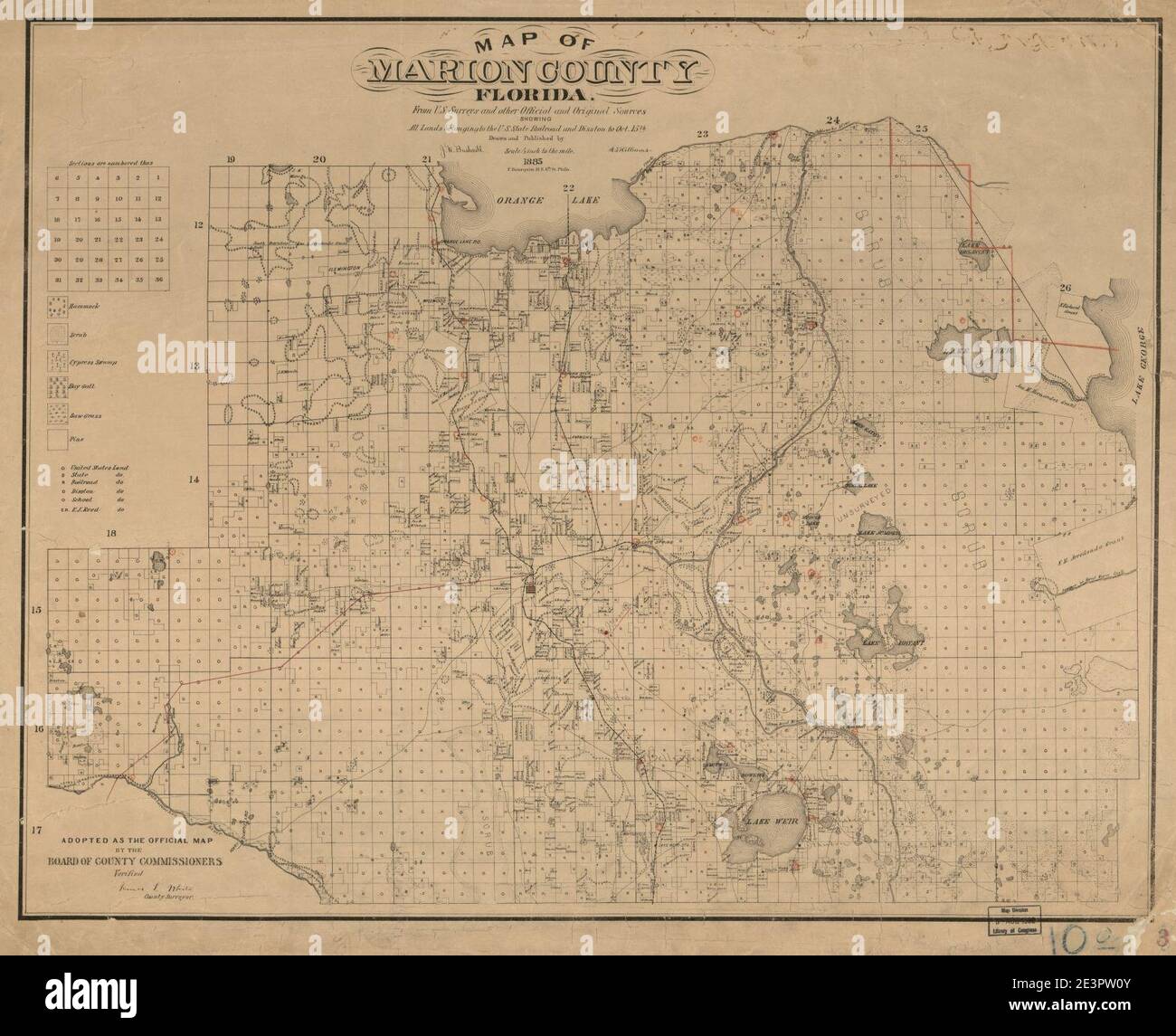 Mappa della contea di Marion, Florida - dalle indagini degli Stati Uniti e da altre fonti ufficiali e originali che mostrano tutte le terre appartenenti alla ferrovia statale degli Stati Uniti e Diston al 15 ottobre Foto Stock