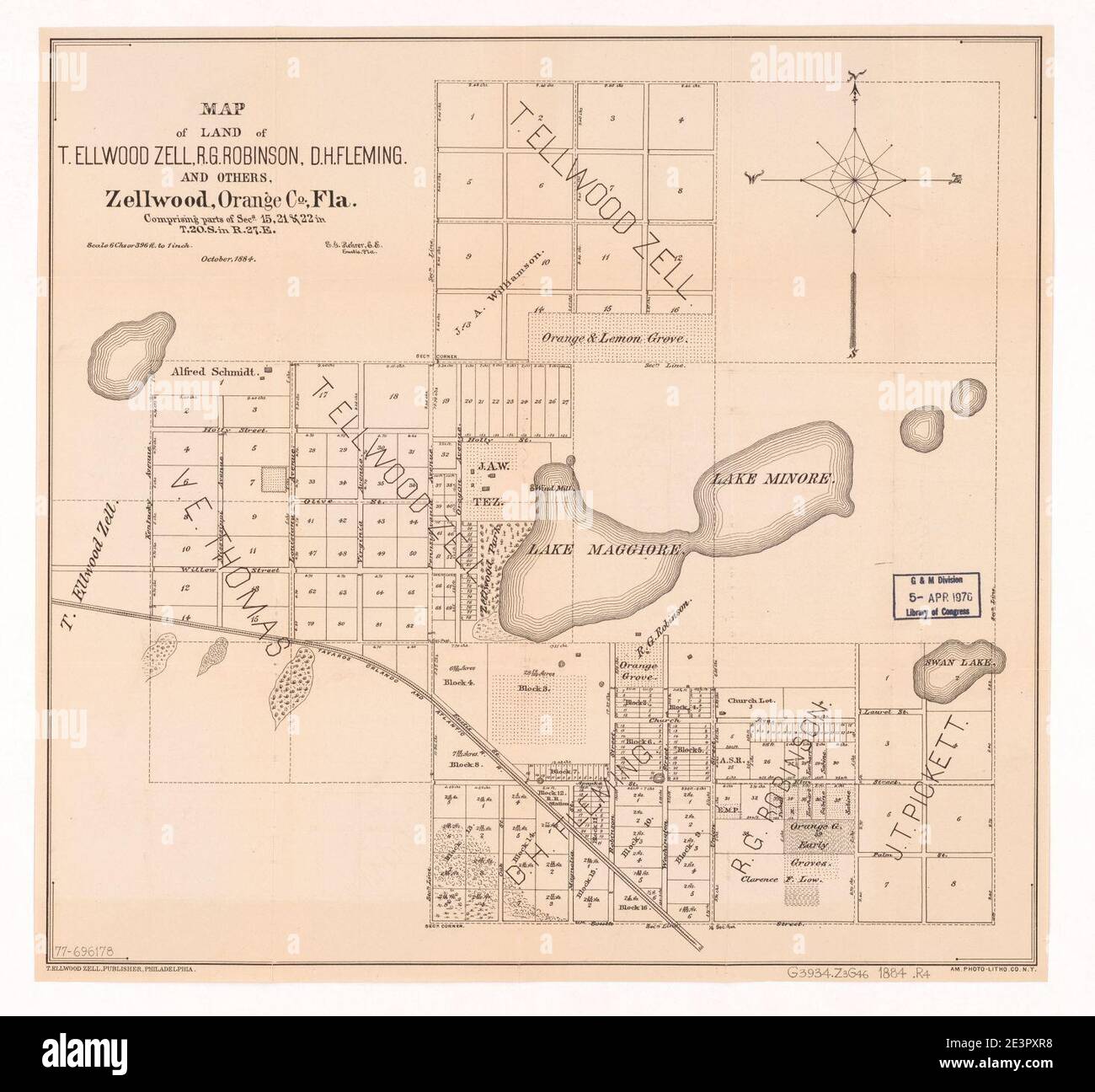 Mappa del terreno di T. Ellwood Zell, R. G. Robinson, D. H. Fleming, ed altri, Zellwood, Orange Co., Fla., comprendente parti di secs. 15, 21 e 22 poll. T.20.S. IN R.27.E. Foto Stock