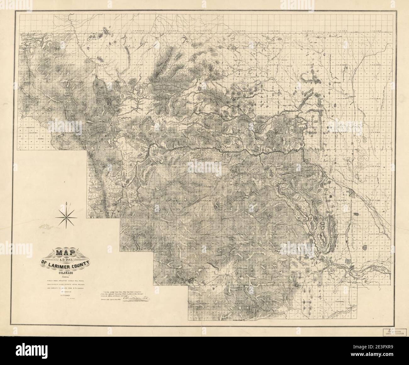 Mappa di Larimer County, Colorado - D.A. 1883 - Mostra strade pubbliche, canali di irrigazione, strade ferroviarie, quartieri stradali, distretti scolastici, precetti di voto, e topografia completa Foto Stock