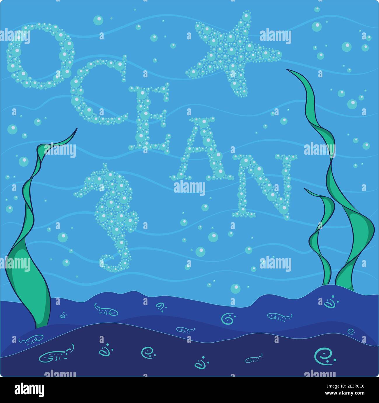 Il mondo sottomarino di cavallucci marini, stelle marine, piante, iscrizione delle bolle. Illustrazione Vettoriale