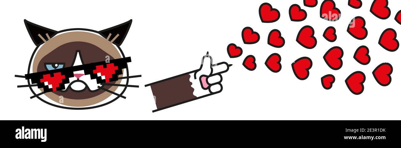 Gatto grumpy in pixel bicchieri con cuore Illustrazione Vettoriale