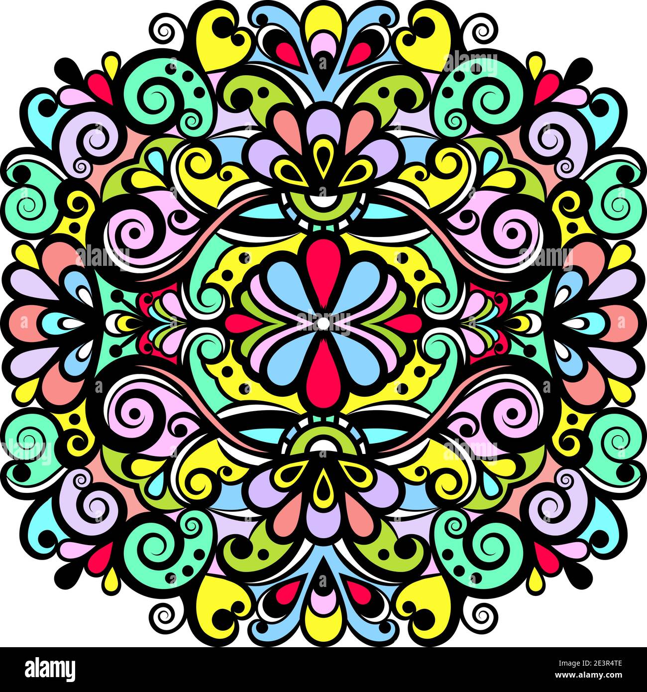 Ornamento astratto floreale, motivo colorato luminoso, sfondo multicolore, tracciatura etnica, disegno a mano. Decorazione ornata con fiori e ricci Illustrazione Vettoriale