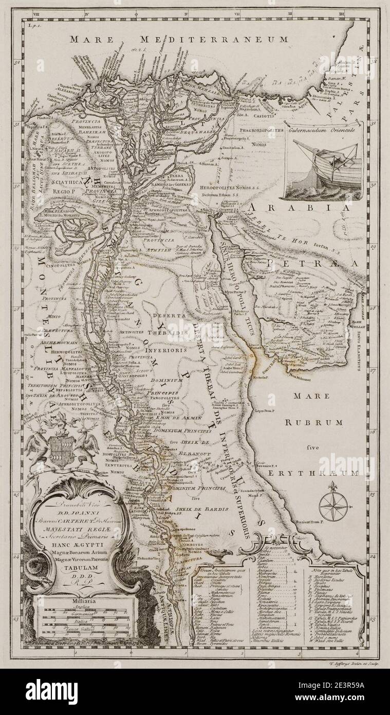 Mappa dell'Egitto con parte della Penisola arabica disegno di prua e timone di piccola nave di legno comune alla regione - Pokocke Richard - 1743. Foto Stock