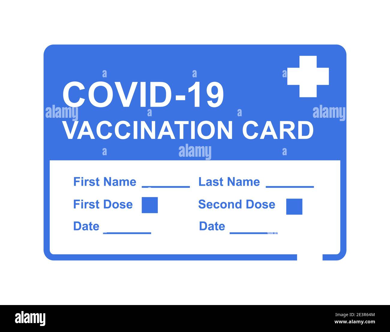 Icona della scheda di vaccinazione per COVID-19, malattia di Coronavirus. Immagine vettoriale blu del documento di vaccinazione per COVID jab. Illustrazione Vettoriale