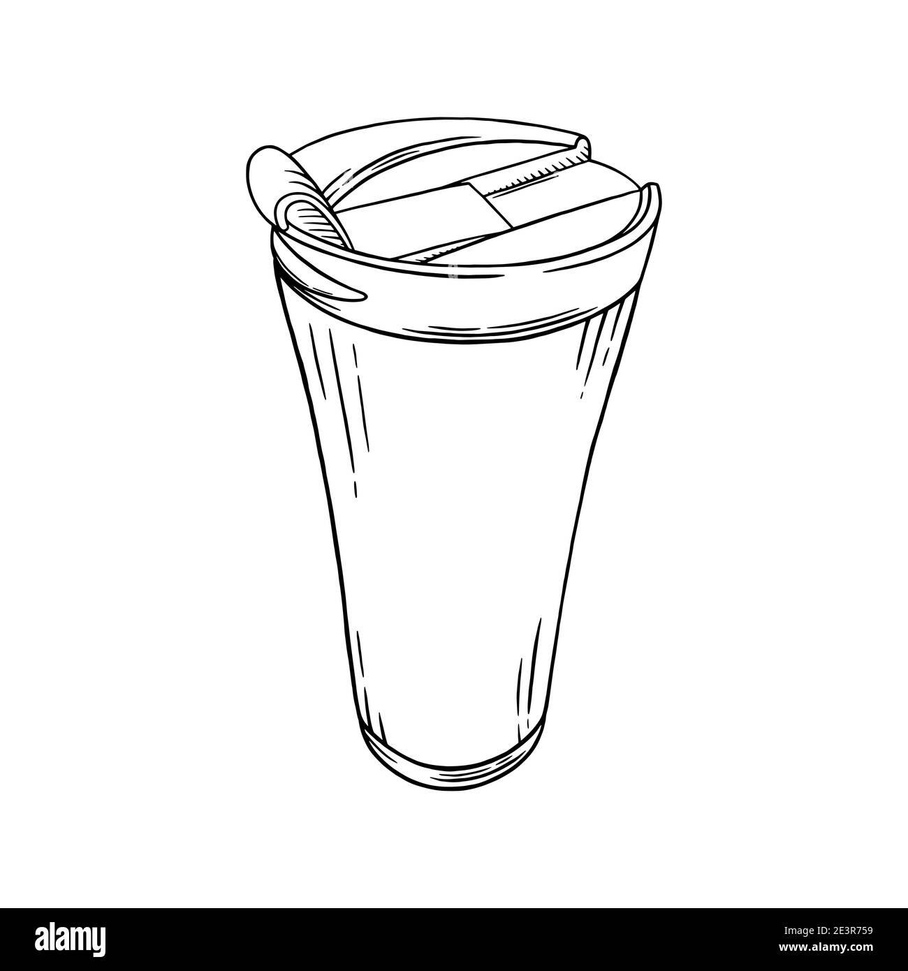 Tazza da caffè riutilizzabile. Tazza Eco per un caffè isolato su sfondo bianco. Illustrazione vettoriale dello schizzo in bianco e nero Illustrazione Vettoriale