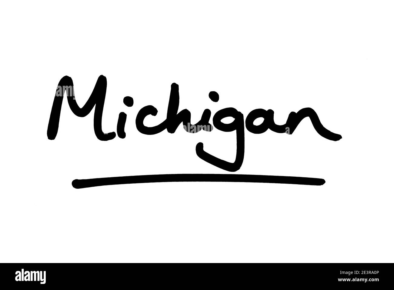 Michigan - uno stato negli Stati Uniti d'America, scritto a mano su uno sfondo bianco. Foto Stock