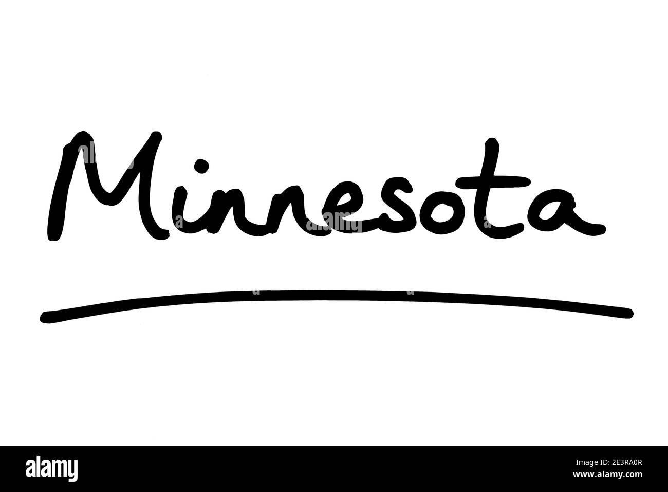 Minnesota - uno stato negli Stati Uniti d'America, scritto a mano su sfondo bianco. Foto Stock