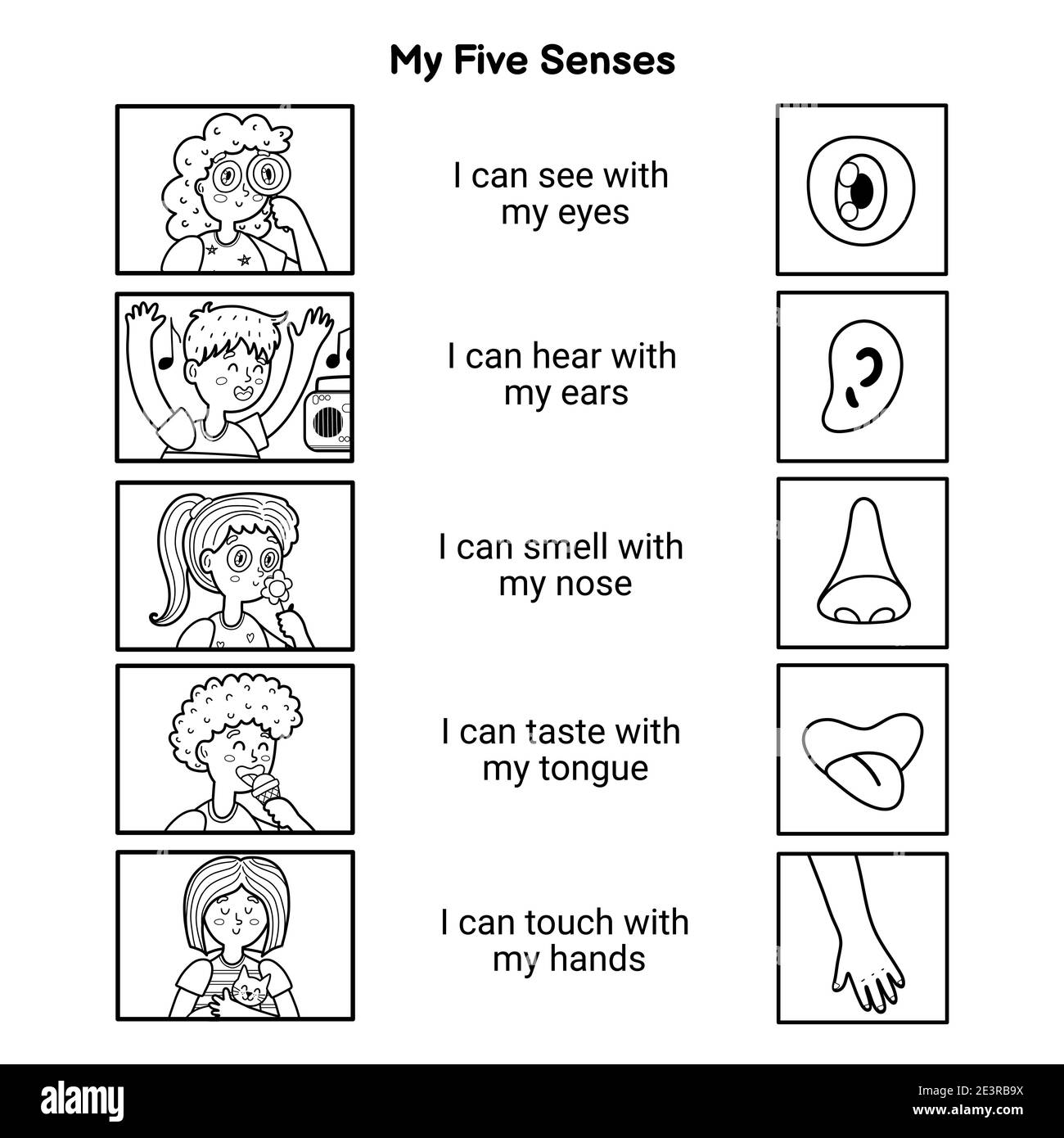 I miei cinque sensi educativa poster in bianco e nero per i bambini. Pagina da colorare con i sensi umani Illustrazione Vettoriale