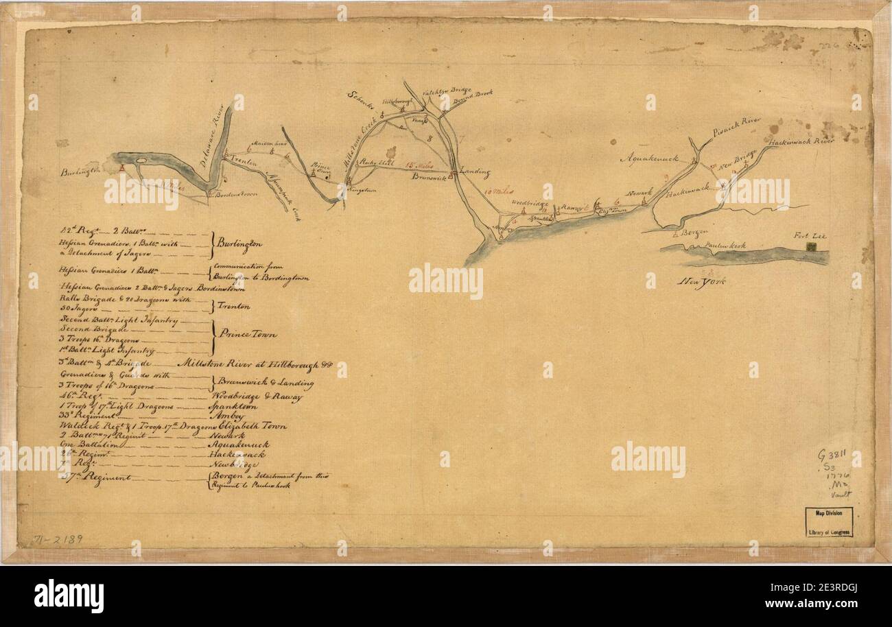Mappa degli avamposti britannici tra Burlington e New Bridge, New Jersey, dicembre 1776. Foto Stock