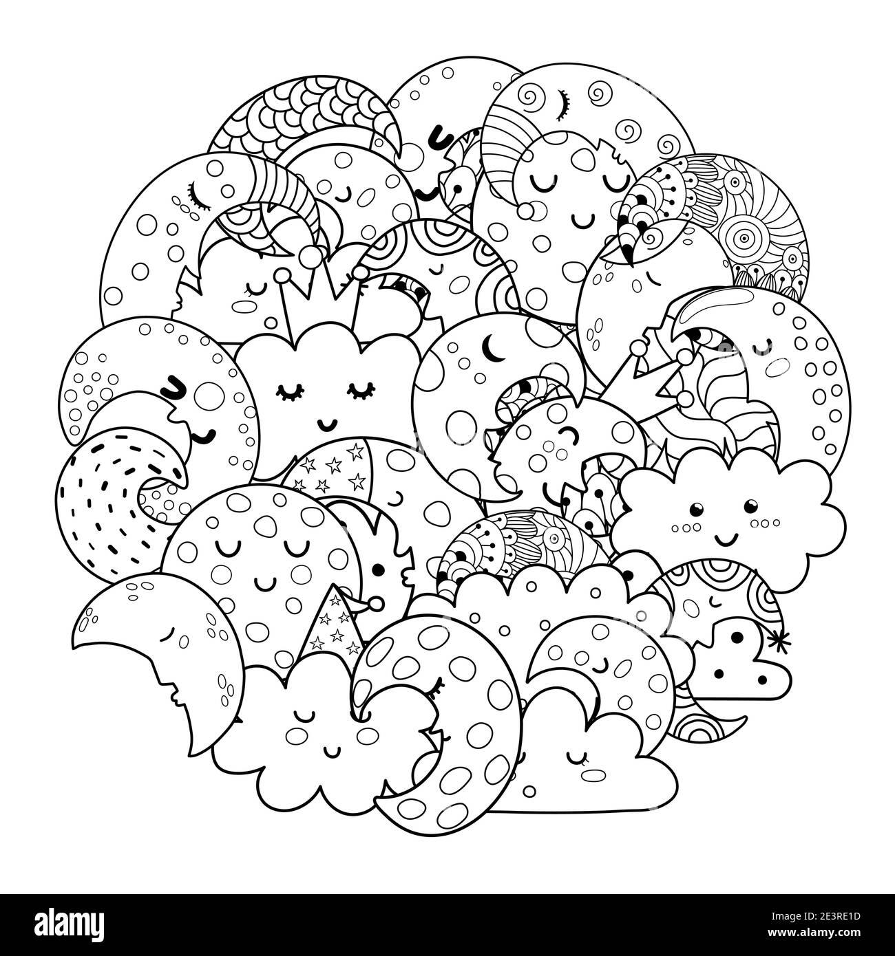 Pagina da colorare forma circolare con luna carina e nuvole. Stampa in bianco e nero Illustrazione Vettoriale