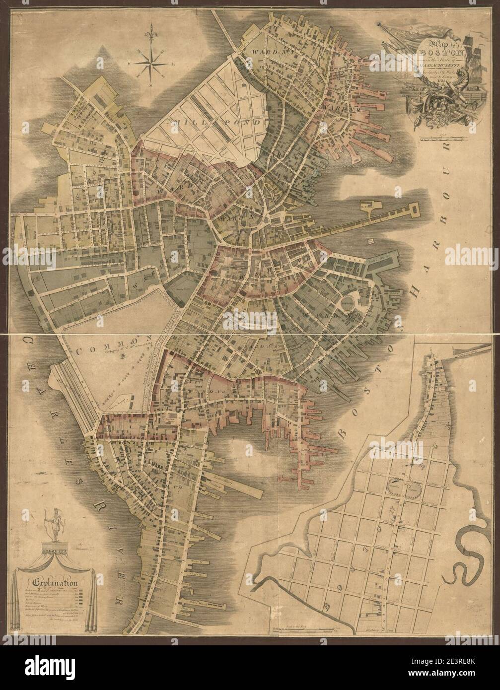 Mappa di Boston nello stato del Massachusetts - 1814 Foto Stock