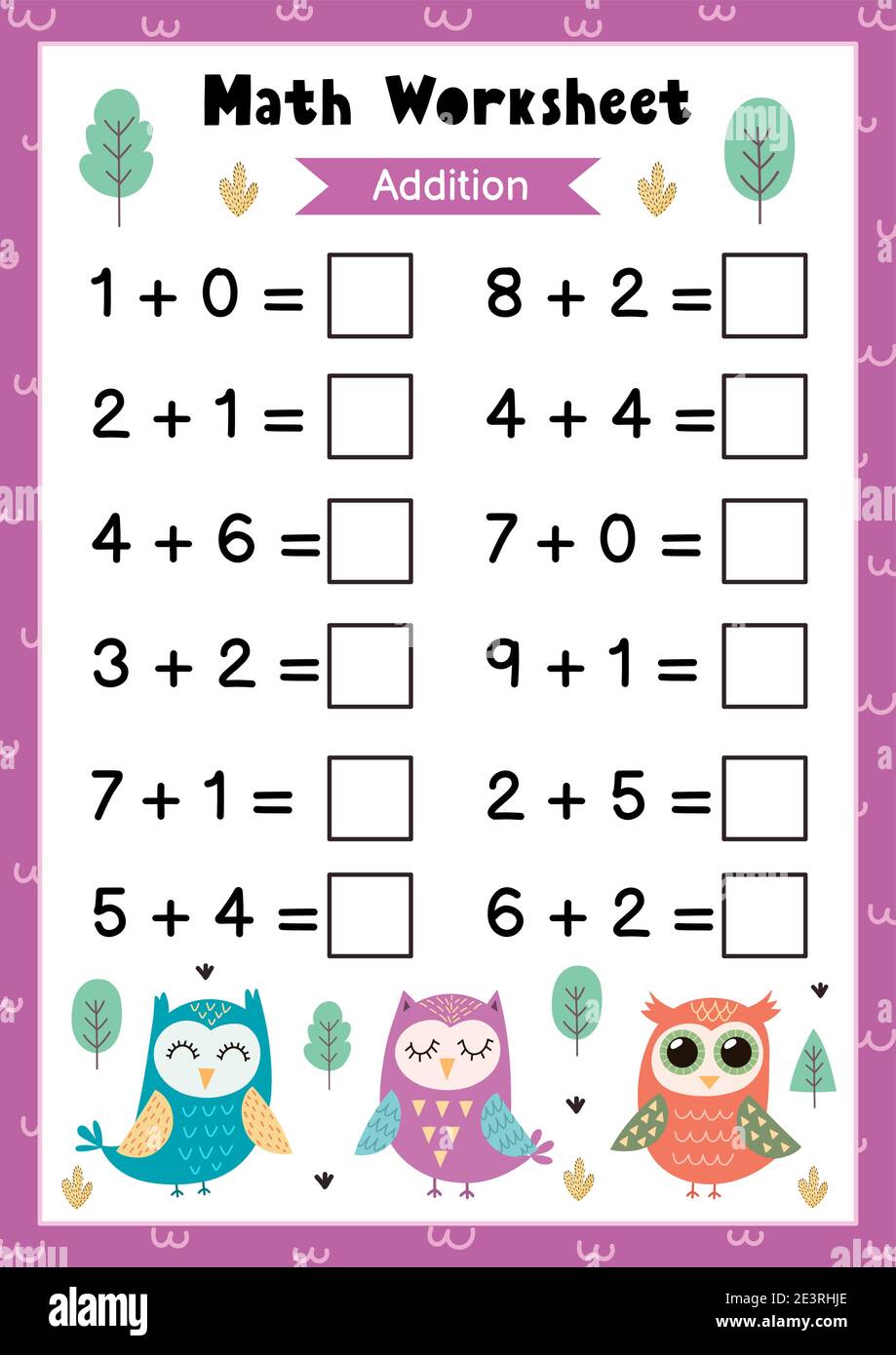 Foglio di lavoro matematico per bambini. Aggiunta. Pagina di attività matematica con gufi carini Illustrazione Vettoriale