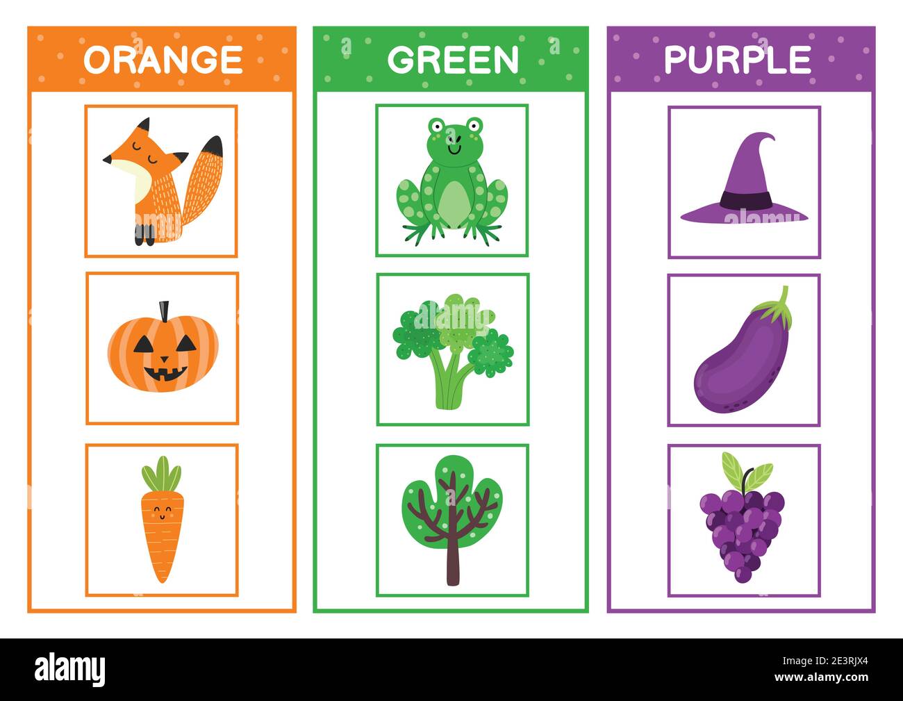 Conoscere i colori principali. Pagina dell'attività di ordinamento dei colori: Arancione, verde, viola. Materiale didattico Illustrazione Vettoriale