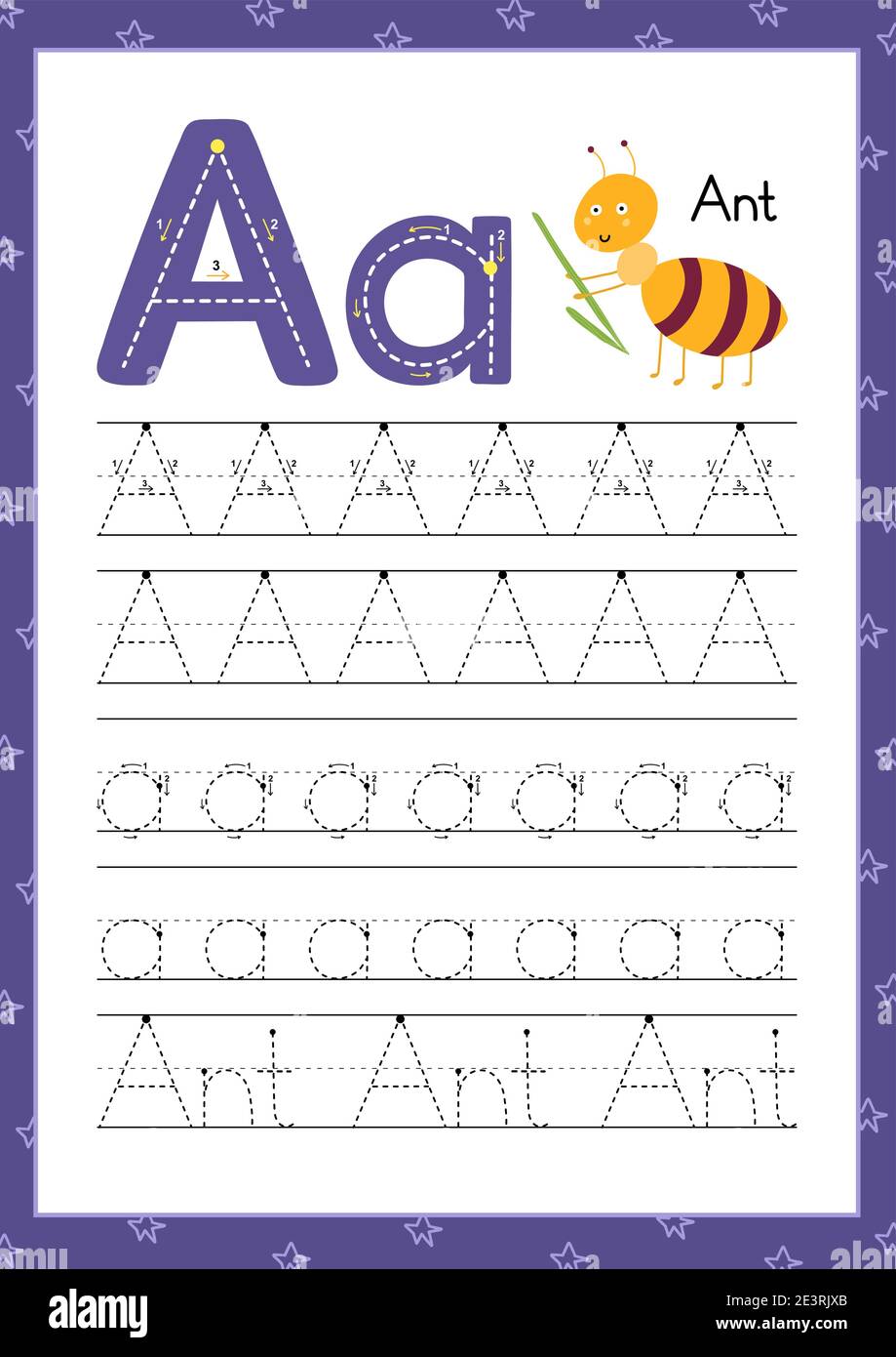 Lettera A. foglio di lavoro per la pratica della scrittura a mano. Apprendimento alfabeto cute pagina di attività Illustrazione Vettoriale