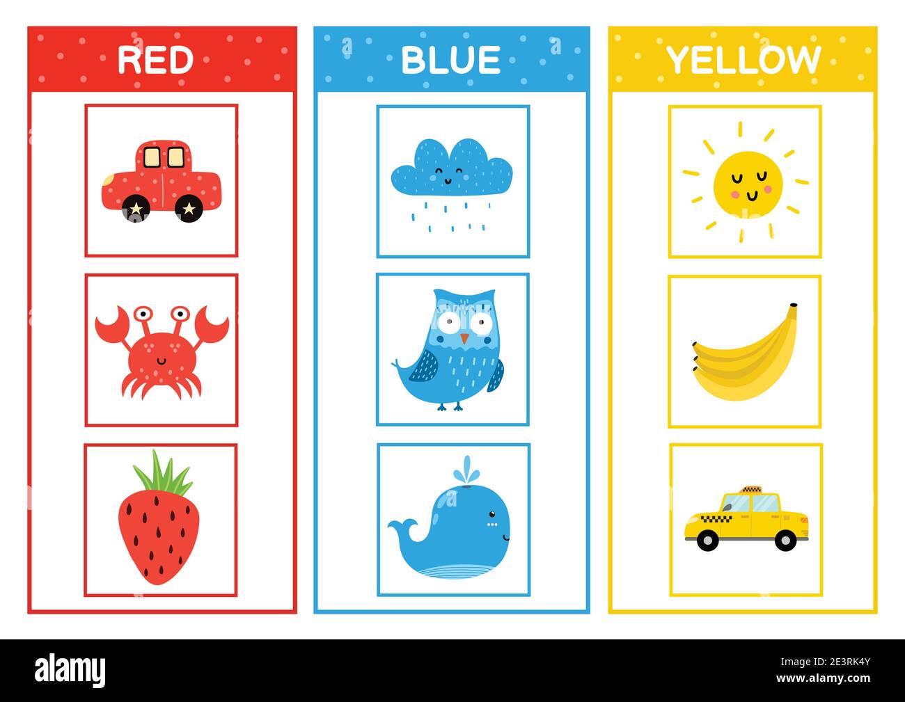 Conoscere i colori principali. Pagina dell'attività di ordinamento dei colori: Rosso, blu, giallo. Materiale didattico Illustrazione Vettoriale