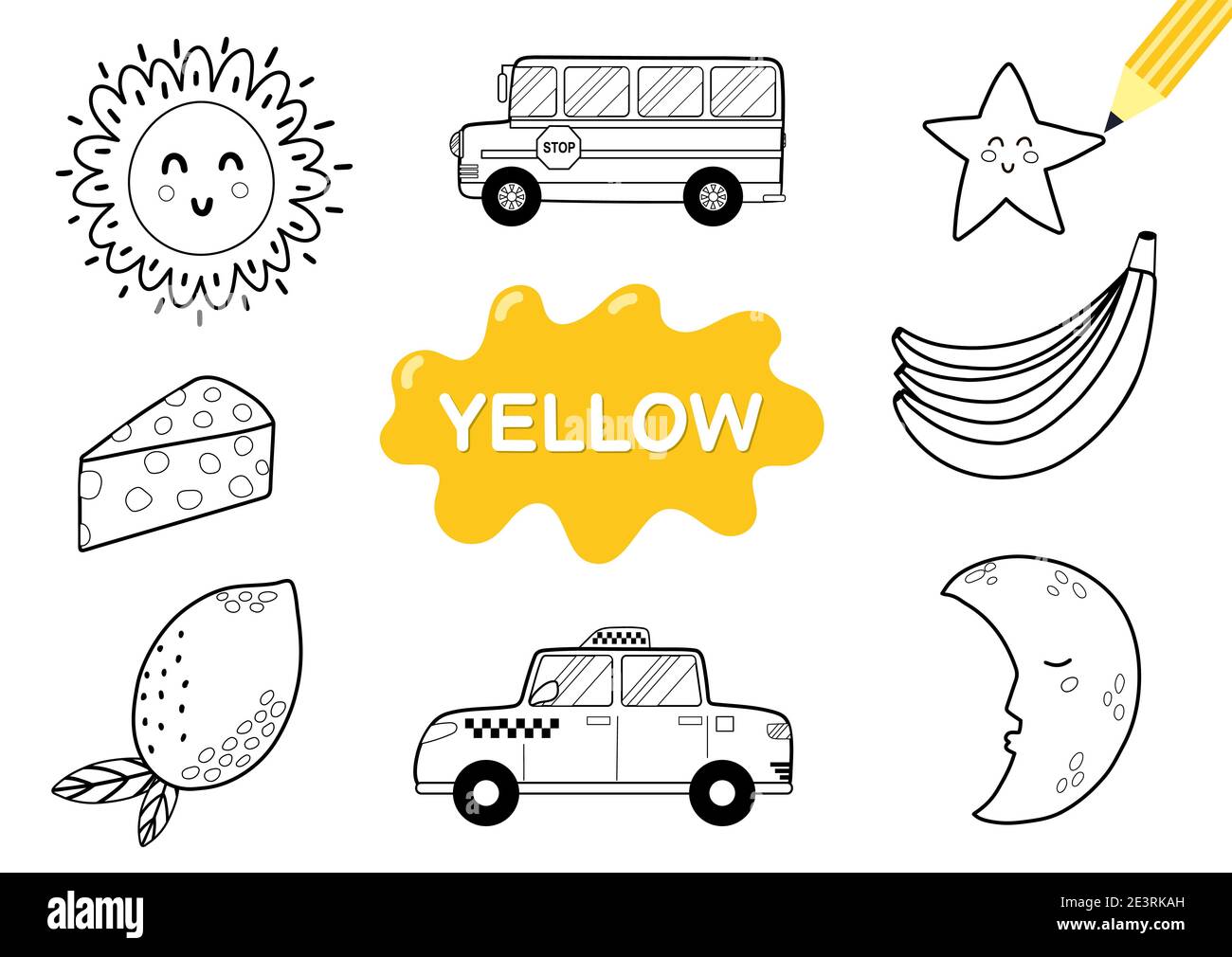 Colorare gli elementi in giallo. Pagina da colorare per bambini. Materiale  didattico per la scuola Immagine e Vettoriale - Alamy