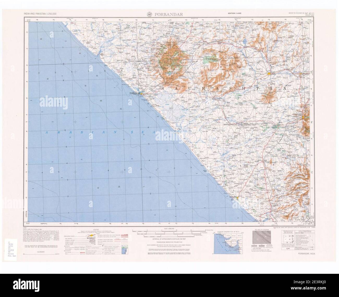 Mappa India e Pakistan 1-250,000 Tile NF 42-11 Porbandar. Foto Stock