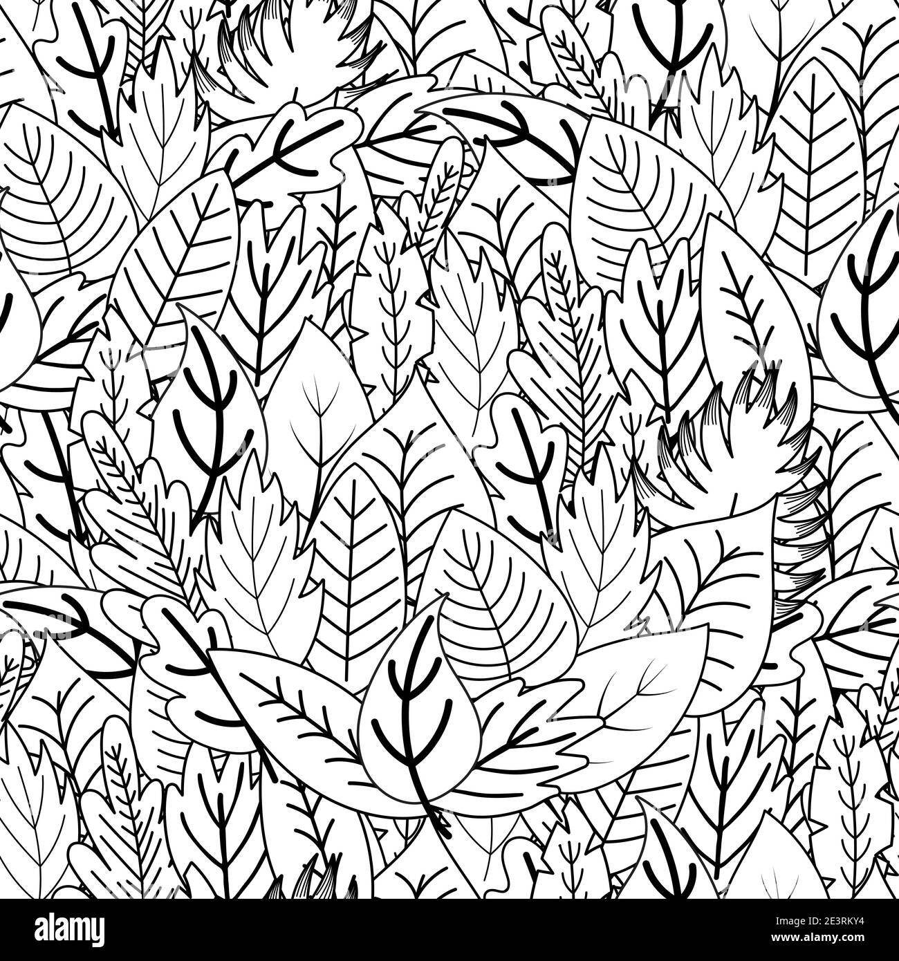 Doodle lascia un motivo senza cuciture. Pagina di colorazione delle piante whimsical. Stampa floreale in bianco e nero Illustrazione Vettoriale