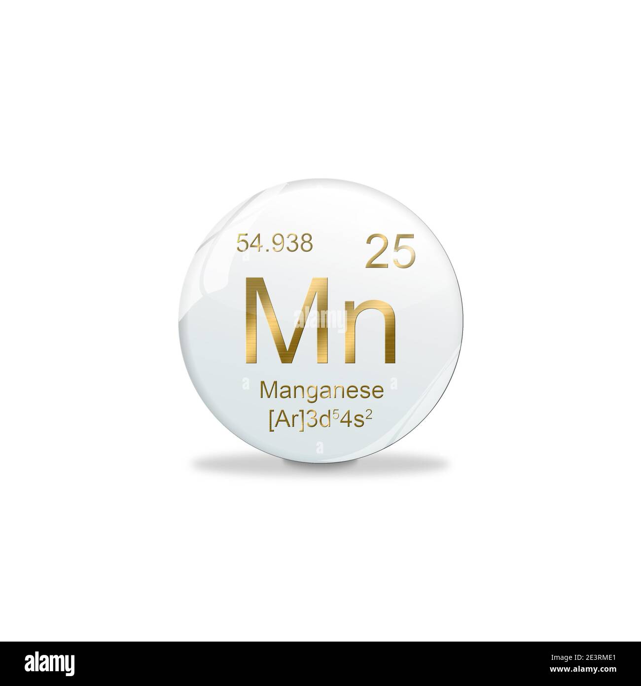 Illustrazione 3D, simbolo manganese - Mn. Elemento del tavolo periodico su pallina bianca con segni dorati. Sfondo bianco Foto Stock