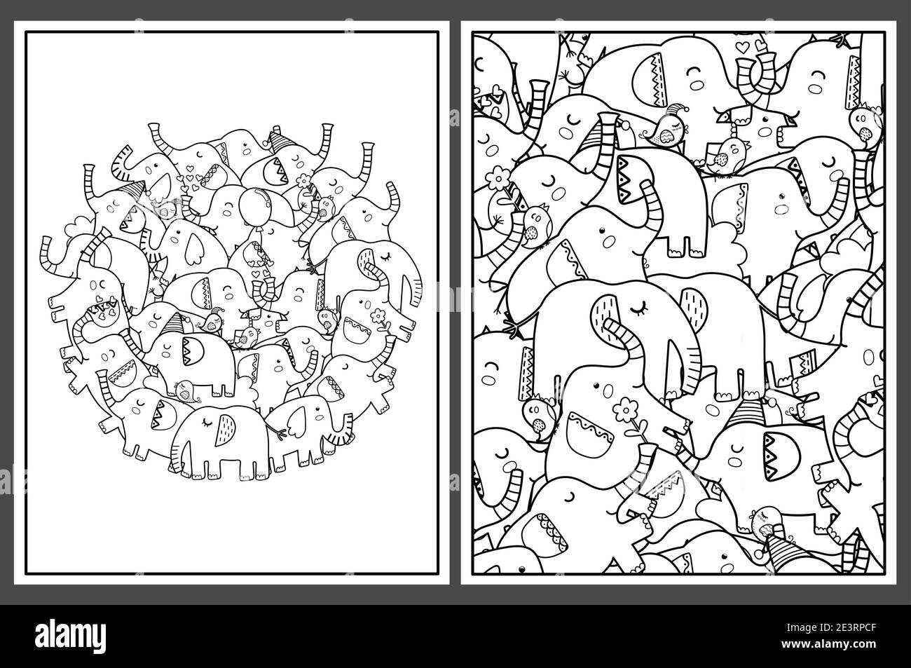 Pagine da colorare insieme con simpatici elefanti. Doodle animali da safari modelli Illustrazione Vettoriale
