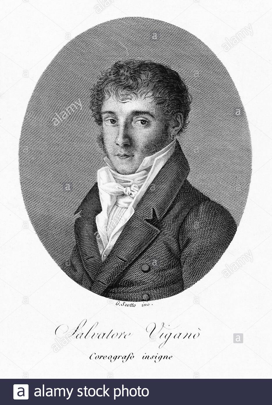 Salvatore Viganò Portrait, 1769 – 1821, è stato un coreografo, ballerino e compositore italiano, illustratore d'epoca del 1810 Foto Stock