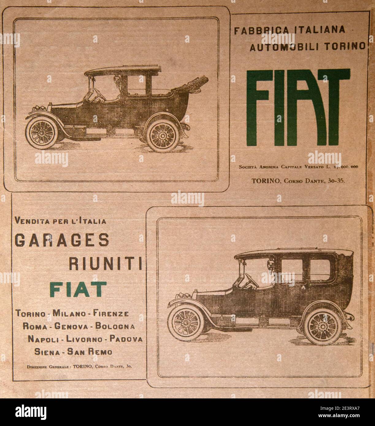Annuncio d'epoca dei primi anni del XX secolo per le automobili Fiat in Italia Foto Stock