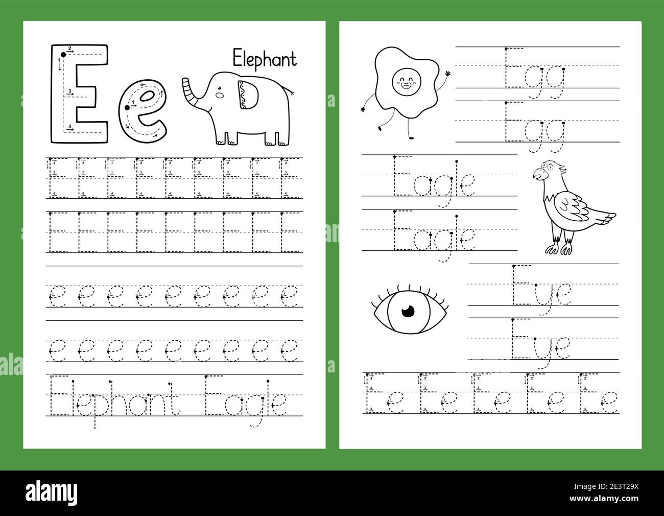 Set di fogli di lavoro di Letter E. Tracing Practice. Pagina attività alfabeto di apprendimento Illustrazione Vettoriale