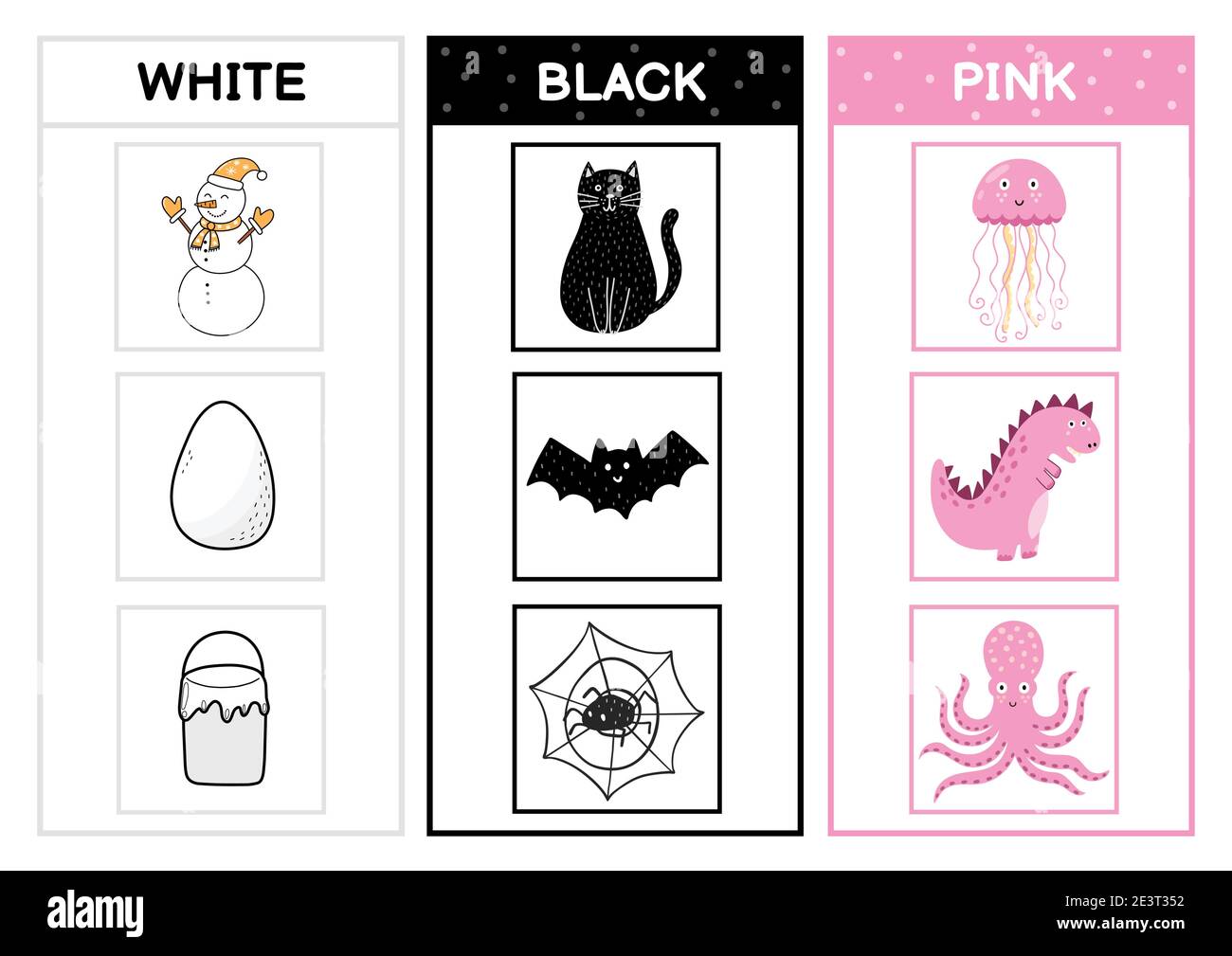 Conoscere i colori principali. Pagina dell'attività di ordinamento dei colori: Bianco, nero, rosa. Materiale didattico Illustrazione Vettoriale