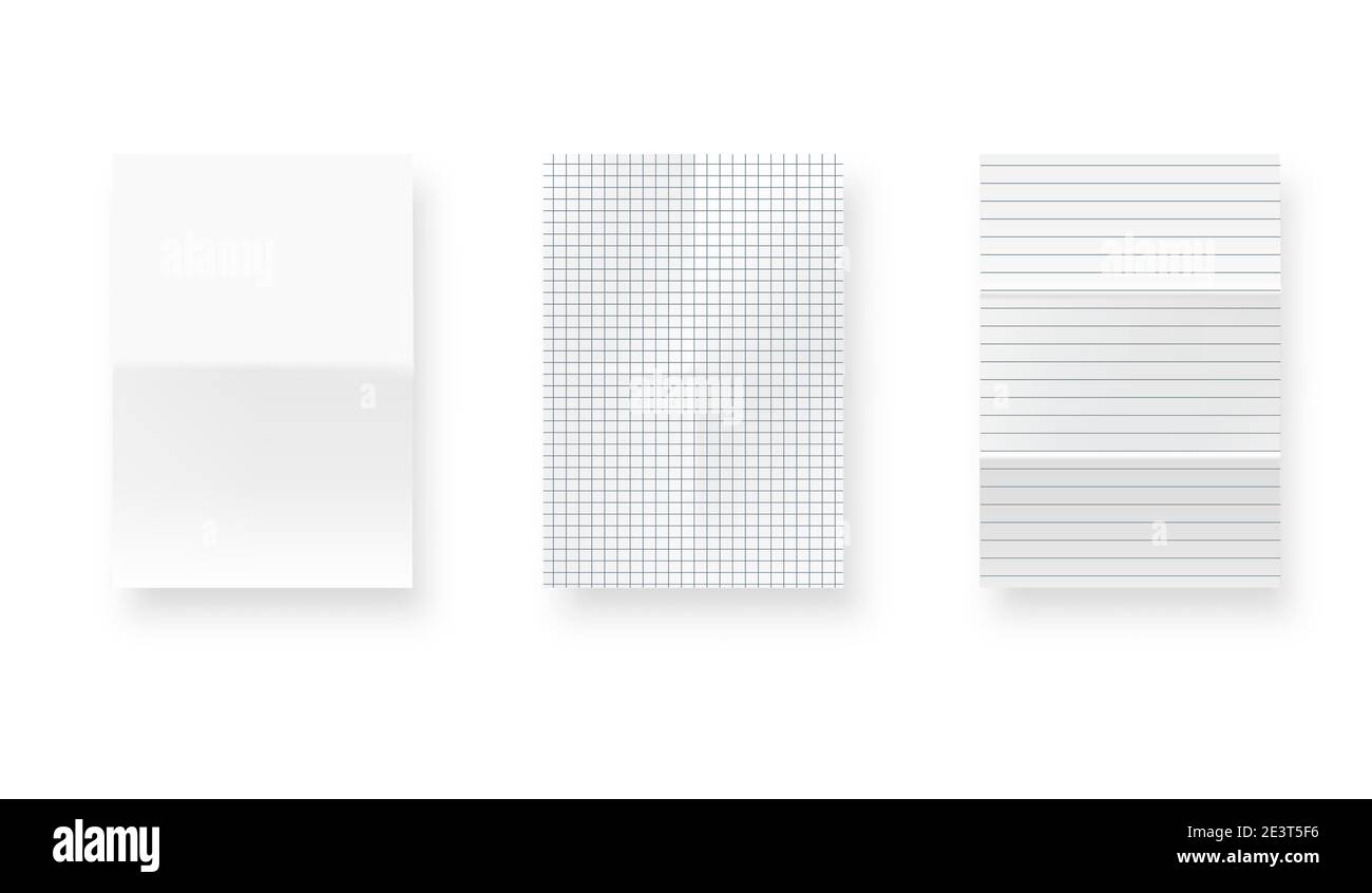 Foglio di carta blank foderato realistico con ombra in formato A4 isolato su fondo grigio raccolta. Pagina del libro o del notebook. Modello di progetto o mockup. V Illustrazione Vettoriale