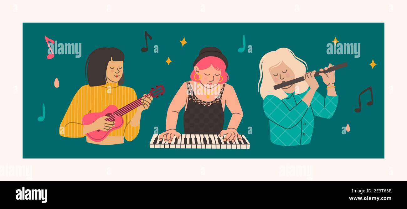 Le ragazze suonano strumenti musicali - flauto, ukulele, pianoforte. Concetto musicale di girl-band. Donne musicisti. Illustrazione vettoriale dei caratteri di trend in formato piatto Illustrazione Vettoriale