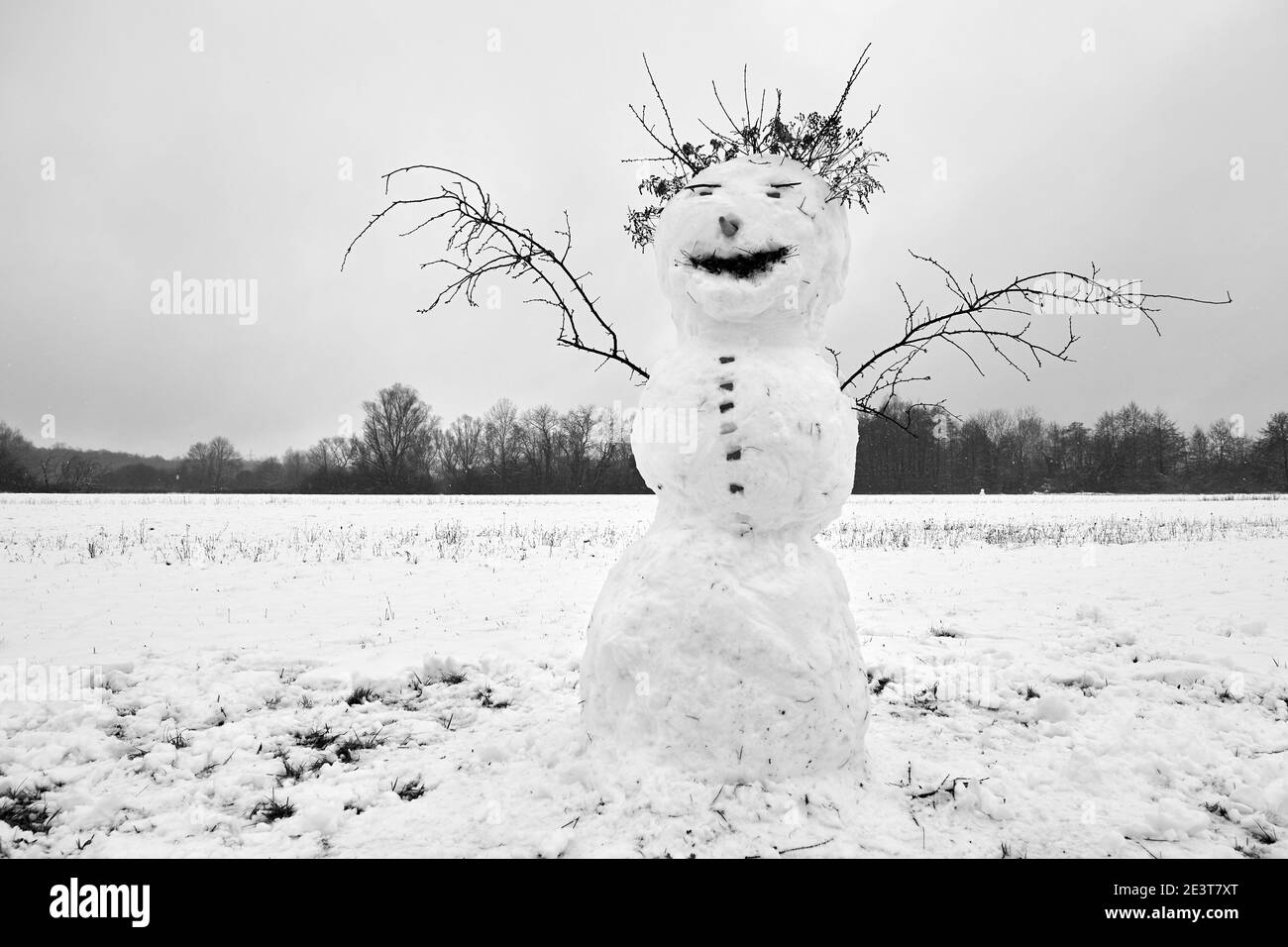 Pupazzo di neve divertente su campo nevoso con braccia aperte e cappello realizzato in ramoscelli Foto Stock